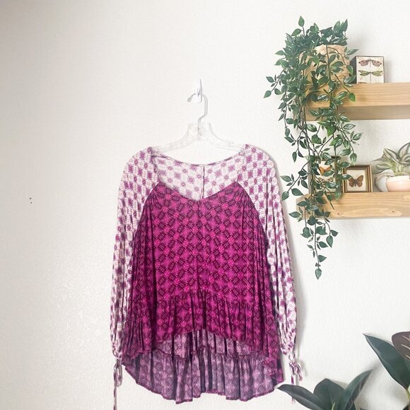 🦋 FOREVER 21 BOHO Pink Floral Blouse Top Medallion Casual Indie Everyday Teach - Picture 2 of 3